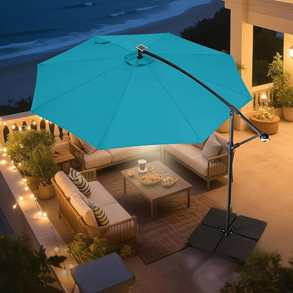 Solar Offset Patio Umbrella - 10 ft Solar Cantilever Umbrella Outdoor with 40 LED Lights and Cross Base, UV Protection for Garden, Deck, Backyard, Pool, Porch (Aqua Blue)