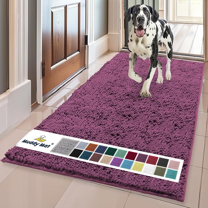 Muddy Mat® | Super Water Absorbent Door Mat Indoor, Microfiber Quick Dry Chenille Entryway Rug, Slip Resistant Front Door Mat, Indoor Mats for Entryway, Machine Washable Pet Rug, Dark Purple 24"x60"