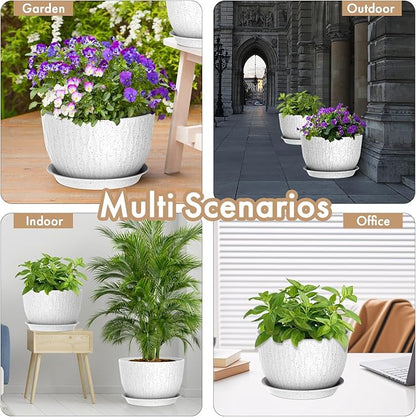 WSMKSZ 12 Inch Wide Water Ripples Flower Pots for Indoor or Outdoor Plants, Large Plant Pots with Drainage Holes & Saucer, Plastic Planters Set for Garden & Home Decor (White with Black Speckles)
