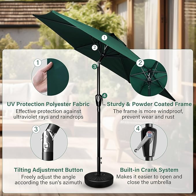 Simple Deluxe 7.5' Patio Umbrella with 20 Inch 50lbs Capacity Fillable Round Base, 6 Sturdy Ribs with Push Button Tilt/Crank for Garden, Deck, Backyard, Pool, Green and Black
