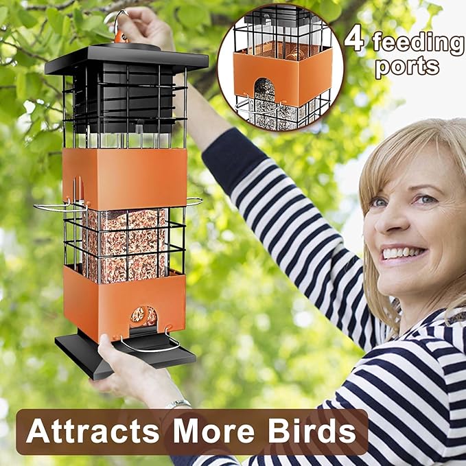 Squirrel Proof Bird Feeder, 3Lbs Hanging Anti-Squirrel Bird Feeders for Outdoors, Metal Weight-Activated Perches Wild Birdfeeder for Blue Jay, Cardinal (Brown)