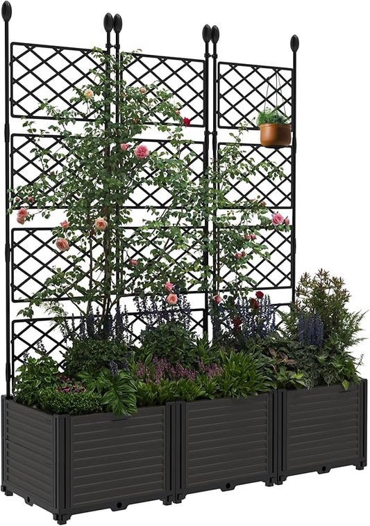 3 PCS Raised Garden Bed with Trellis,63" h Vertical Planter Box with Drainage Holes for Climbing Plants, Patio Privacy Screen & Balcony Garden