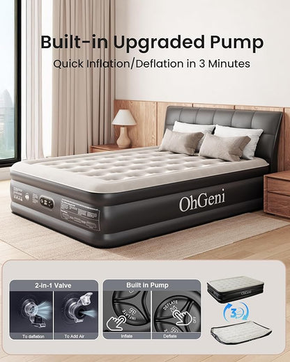 OhGeni Queen Air Mattress with Built in Pump, Ideal Alternative to a Bed, Inflatable Blow Up Mattress 18 Raised Comfort, Upgraded Surface Portable Bed for Home, Camping, Colchone Inflable, 650 lbs