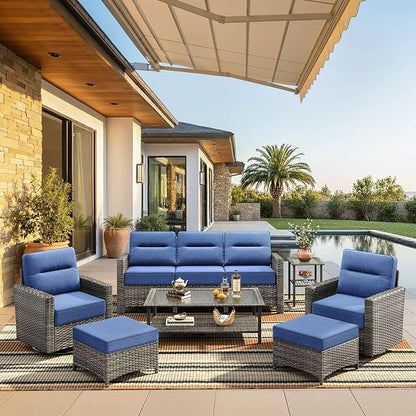 Luxury 7-Piece Patio Furniture Set with 6-Inch Thick Cushions, Outdoor Couch and Swivel Rocker Chairs, Wicker Conversation Set for Porch, Deck, Yard, Pool in Blue