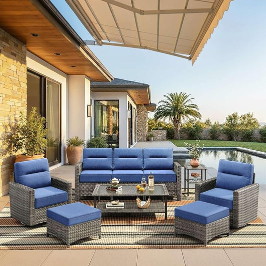 Luxury 7-Piece Patio Furniture Set with 6-Inch Thick Cushions, Outdoor Couch and Swivel Rocker Chairs, Wicker Conversation Set for Porch, Deck, Yard, Pool in Blue