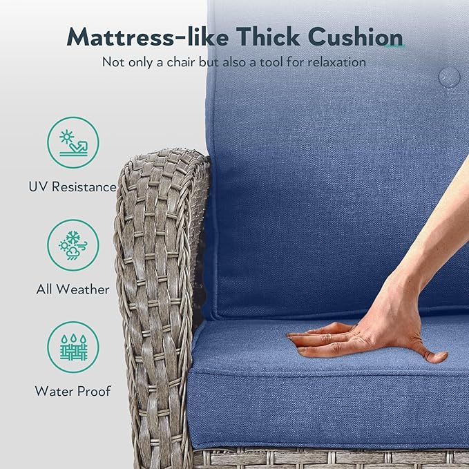 7 Piece Patio Furniture Set - Wicker Patio Conversation Set with Swivel Glider, Glider Loveseat, Tempered Glass Side Table and 2 Ottomans for Deck Backyard - Grey Wicker Blue Cushion