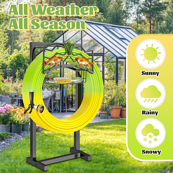 Freestanding Garden Hose Holder, Heavy Duty Black Metal Hose Rack with Storage Basket & 4 Spikes, Holds 150FT Water Hose for Yard Lawn Patio Decor