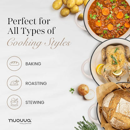 Nuovva Enamelled Cast Iron Dutch Oven Pot with Lid 6.4 Quart Non Stick Casserole Pot-Heavy Duty & Oven Safe up to 500° F for Bread Baking, Braising, Stews, Roasting - 28cm Oyster