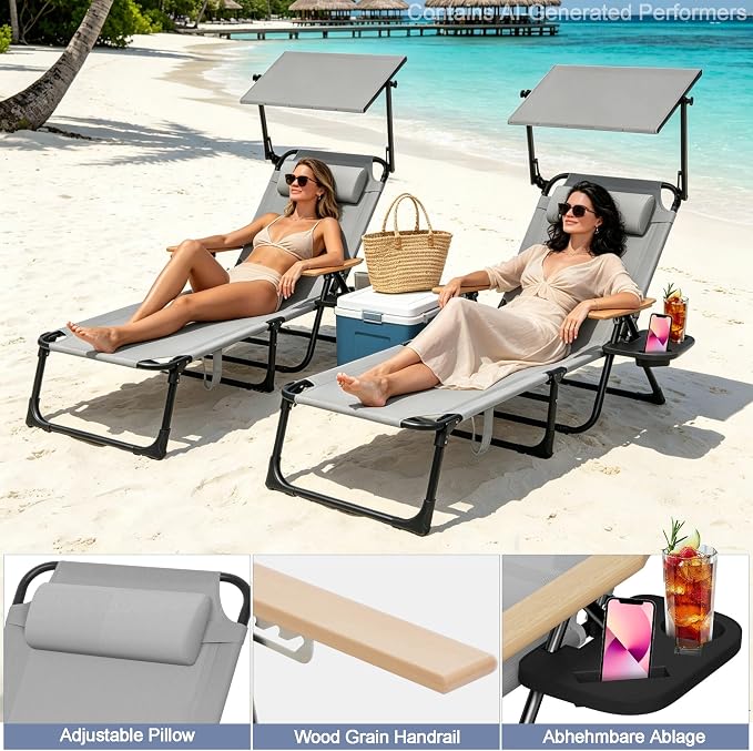 Beach Lounge Chairs with Armrests, 4-Position Folding Lounge Chairs for Outside, Sunbathing Portable Lounge Chaise, Tanning Chair Pillow & Cup Holder, for Outside Beach Pool (Grey.)