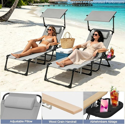Beach Lounge Chairs with Armrests, 4-Position Folding Lounge Chairs for Outside, Sunbathing Portable Lounge Chaise, Tanning Chair Pillow & Cup Holder, for Outside Beach Pool (Grey.)