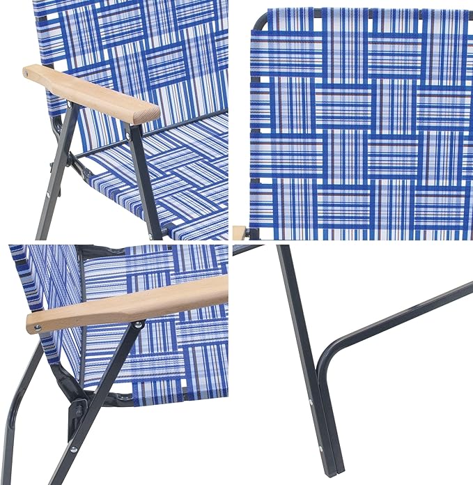 Garden Elements Folding Patio & Lawn Chairs – Steel Frame with Blue Woven Fabric and Wooden Armrests, Comfortable Full-Size Outdoor Chairs for Backyard, Camping, or Events (Pack of 2)