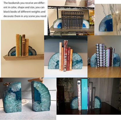 JIC Gem Book Ends Teal Agate Bookends for Shelves Decorative Geode Bookends to Hold Books Heavy Duty Home Decor with Rubber Bumpers(1 Pair, 4-6 LBS)