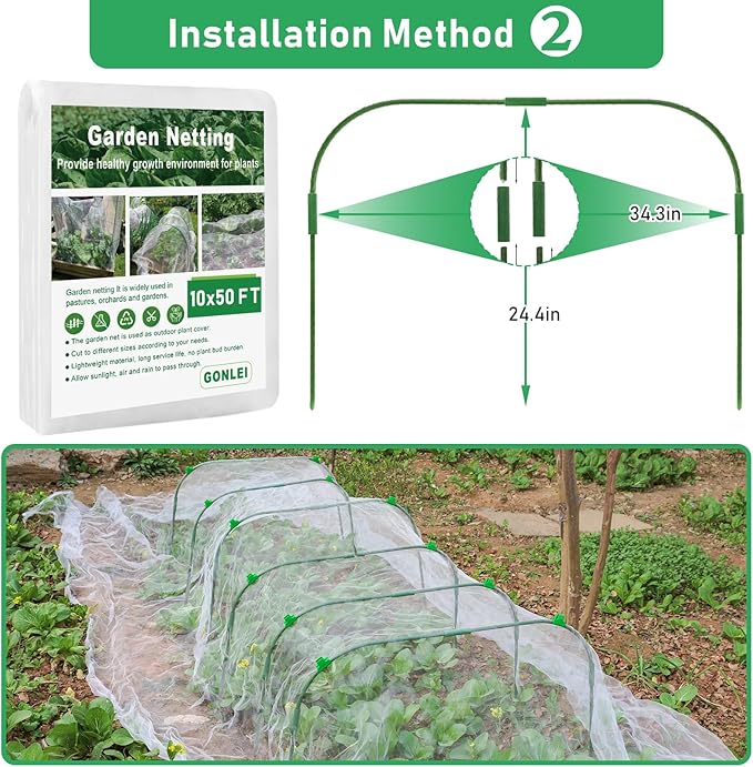 GonLei 10x 50FT Garden Mesh Netting Kit Raised Beds (6 Pcs Garden Hoops & 18 Clips) Garden Hoops Plant Netting Protection Row Covers Berry Bush Truit Trees Vegetables Grass Seed Barrier Net
