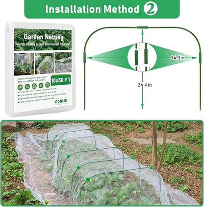 GonLei 10x 50FT Garden Mesh Netting Kit Raised Beds (6 Pcs Garden Hoops & 18 Clips) Garden Hoops Plant Netting Protection Row Covers Berry Bush Truit Trees Vegetables Grass Seed Barrier Net