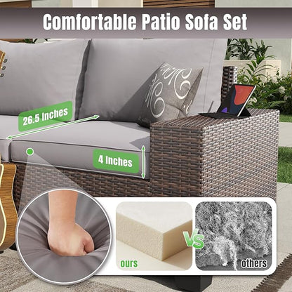 Aoxun 13 Pieces Patio Furniture Set with 44” Fire Pit Table Wicker Rattan Outdoor Sectional Conversation Set with Coffee Table and 4” Thickened Cushions, Gray(Waterproof Cover Included)