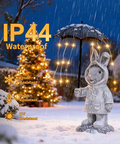 Solar Rabbit Garden Statue Outdoor Decor, Bunny Figurines Lights with Umbrella for Outside Yard Lawn Ornaments,Gifts for Mother's Day Birthday Easter Housewarming(Grey)