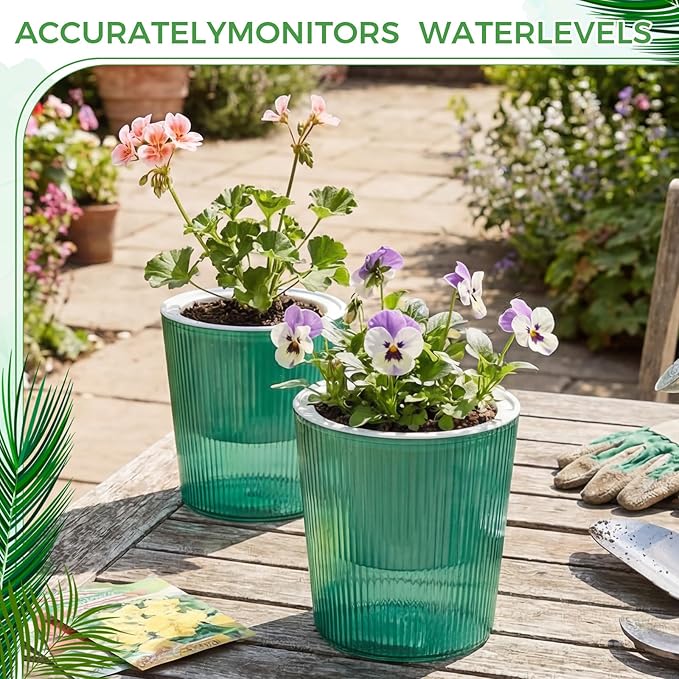 6 Pack Self Watering Pots for Indoor Plants Plastic Vertical Ribbed Semi Transparent Planters, Dual Layer Reservoir for Indoor Succulents Herbs Pothos(Green, White,4 x 4.3 Inch)