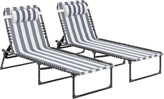 Outsunny Folding Chaise Lounge Chair Outdoor Set of 2 Mesh Seat Blue/White | Foldable, Sun Tanning Chair, Chaise Lounger, 4-Position Reclining Back, for Outside Patio Beach Poolside Backyard