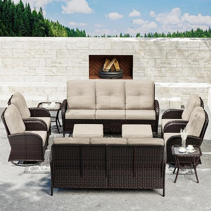 Joyside 10 Piece Patio Furniture Set, Outdoor Wicker Conversation Sets with Swivel Rocker Chairs and Sofa, Thick Cushion, Rattan Patio Sectional for Porch, Deck Use (Brown/Beige, 10 PCS)