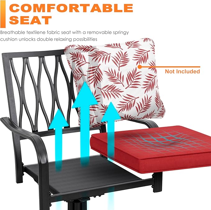 NUU GARDEN 3 Piece Outdoor Bistro Set, Iron Swivel Chairs with Red Cushions and 20" Round Bistro Table, Powder-Coated Iron Frame for Patio, Deck, Garden, Backyard, Black