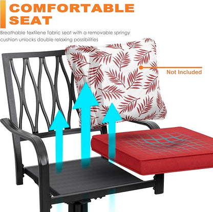 NUU GARDEN 3 Piece Outdoor Bistro Set, Iron Swivel Chairs with Red Cushions and 20" Round Bistro Table, Powder-Coated Iron Frame for Patio, Deck, Garden, Backyard, Black