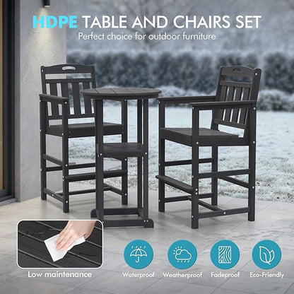 Ciokea Balcony Chairs and Table 3 Pieces Set, Outdoor High Top Bar Set, HDPE Oversized Adirondack Bar Chairs Set of 2 and Round Table for Outside Dining Bistro Poolside Backyard, Black