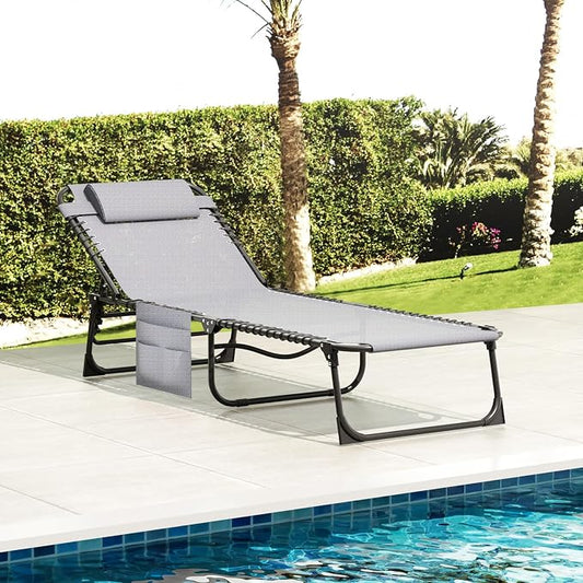 EBE Outdoor Lounge Chair, Portable Chaise Lounge Chair, Folding Sun Tanning Chairs with Detachable Pillow and Side Pocket, Reclining Chairs for Pool Beach Sunbathing, Grey