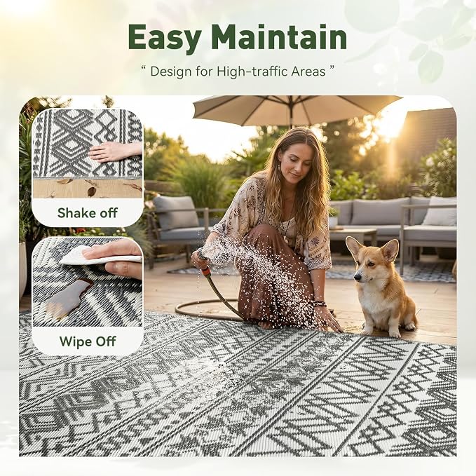 MontVoo Outdoor Rug Carpet Waterproof 9x18 Outdoor Patio Rug Mat Reverisble Plastic Straw Outdoor Rug for RV Camping Picnic Beach Balcony Boho Grey Large