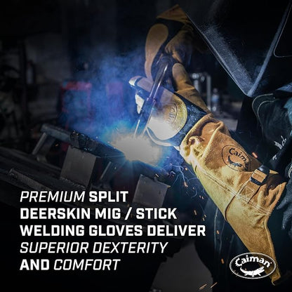Caiman Premium Split Deerskin MIG/Stick Welding Gloves with Fleece/Foam Insulation, 21-inch length, Split Cowhide Leather Heat Shield Patch, Sock Lined Foam, Kevlar, Black/Gold, X-Large (1878-5)