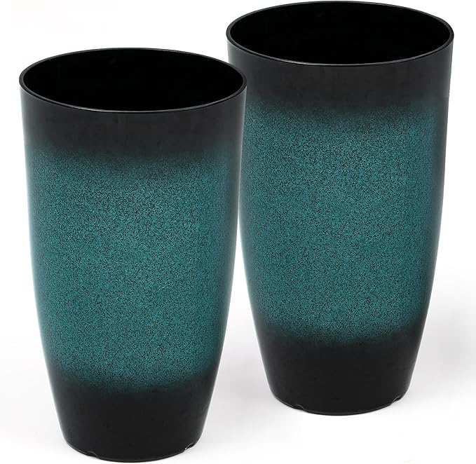 24" Tall Outdoor Planters Set of 2, Large Planters for Outdoor Plants, Art Faux Ceramic Plastic Flower Pots, Weather-Resistant for Porch, Garden, Patio or Indoor Decor, Ideal