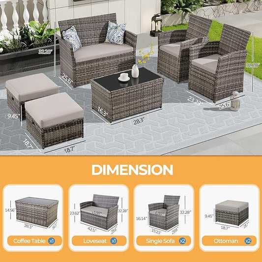 FHFO 6 Pieces Outdoor Patio Furniture Set, Wicker Sectional Sofa Patio Conversation Set Couch with Ottomans Rattan Chair and Table for Garden, Yard,Gray-Gray