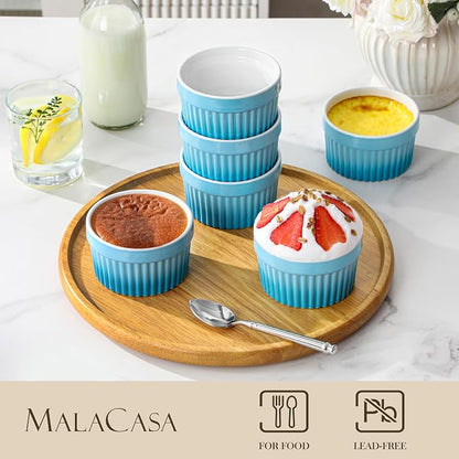 MALACASA Ramekins 6 oz Oven Safe, Small Ceramic Souffle Dishes for Creme Brulee Souffle, Stoneware Custard Cups Ramiken for Baking, Dessert Bowls Dipping Sauce Dish Set of 6, Blue, Series RAMEKIN-DISH