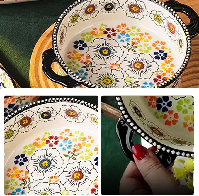 Baking Dishes For Oven, 1 Quart Round Casserole Dishes For Oven-colored flowers B-round 950ml