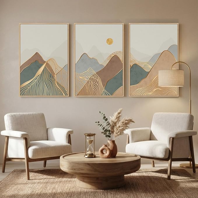 Framed Boho Mountain Wall Art for Living Room, 3 Piece Modern Nature Landscape Canvas Artwork for Walls, Large Sunset Minimalist Abstract Prints Wall Decor for Bedroom Hallway Home Office, 24x36 Inch