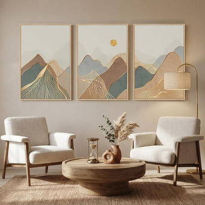 Framed Boho Mountain Wall Art for Living Room, 3 Piece Modern Nature Landscape Canvas Artwork for Walls, Large Sunset Minimalist Abstract Prints Wall Decor for Bedroom Hallway Home Office, 24x36 Inch