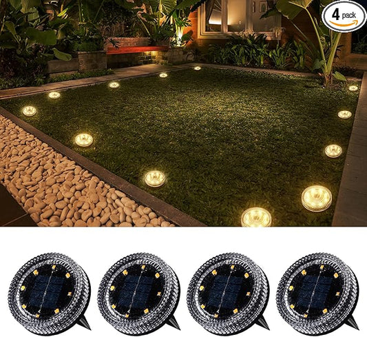Glass Solar Pathway Lights with Wave Style, Modular-Design Waterproof In-Ground Light for Patio Pathway Lawn Yard Deck Walkway, Decorative Disk Lighting for Garden Bed, Warm White (4 Pack)