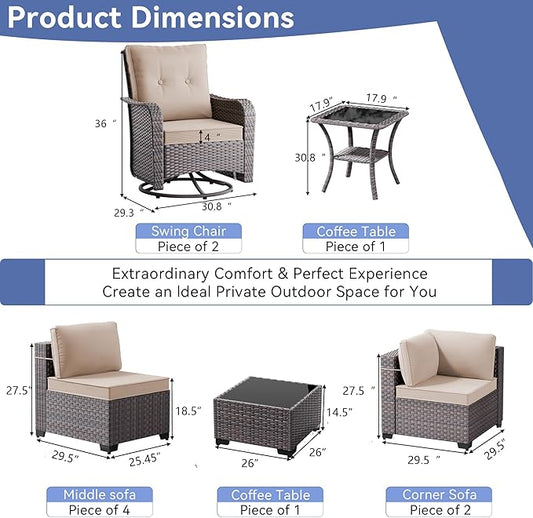 10 Pieces Outdoor Patio Furniture Set with Swivel Rocking Chairs, PE Wicker Rattan Outdoor Sectional Patio Set, Outdoor Patio Conversation Set, Khaki