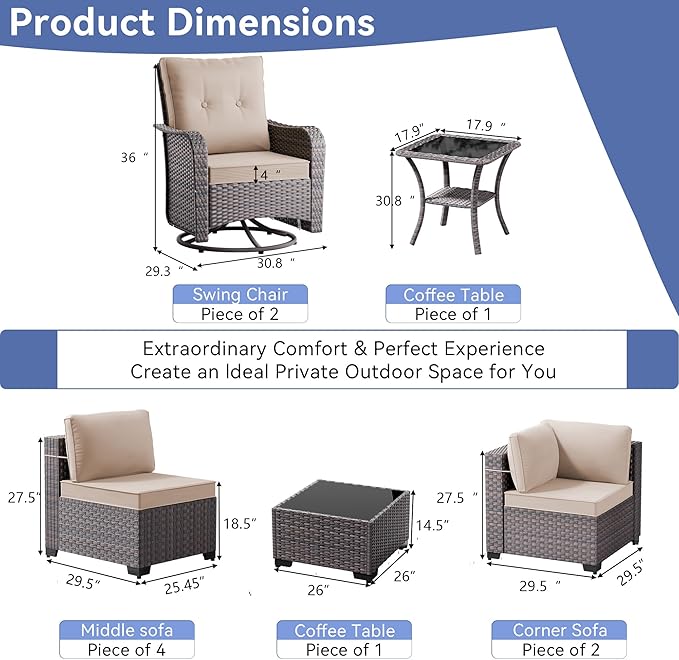 10 Pieces Outdoor Patio Furniture Set with Swivel Rocking Chairs, PE Wicker Rattan Outdoor Sectional Patio Set, Outdoor Patio Conversation Set, Khaki