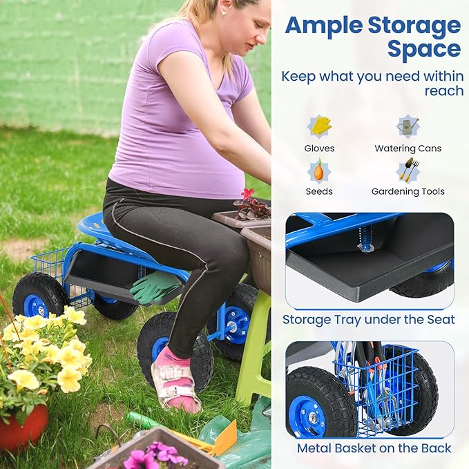 Goplus Garden Seat with Wheels, Rolling Garden Cart with Adjustable 360° Swivel Seat, Tool Tray, Basket for Lawn, Yard, Patio, Heavy Duty Gardening Stool, Outdoor Wagon Scooter for Seniors