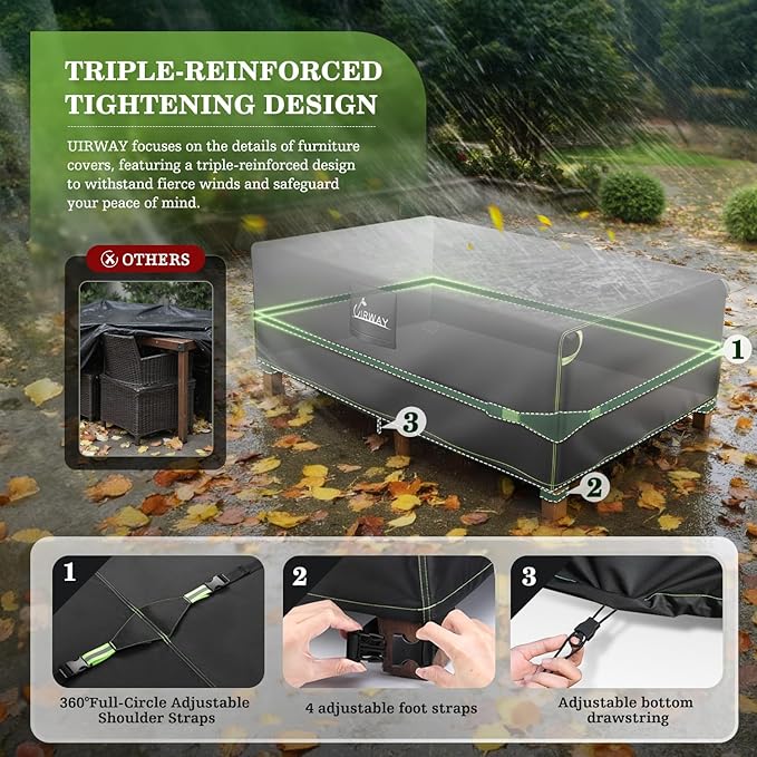 UIRWAY 600D Heavy Duty Patio Furniture Covers-Upgraded 5 Layers Tough Oxford fabric Waterproof Outdoor Table Cover for Table and Chairs with Triple-Layer Windproof Design Fits 74"L × 47"W × 28"H