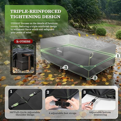 UIRWAY 600D Heavy Duty Patio Furniture Covers-Upgraded 5 Layers Tough Oxford fabric Waterproof Outdoor Table Cover for Table and Chairs with Triple-Layer Windproof Design Fits 74"L × 47"W × 28"H