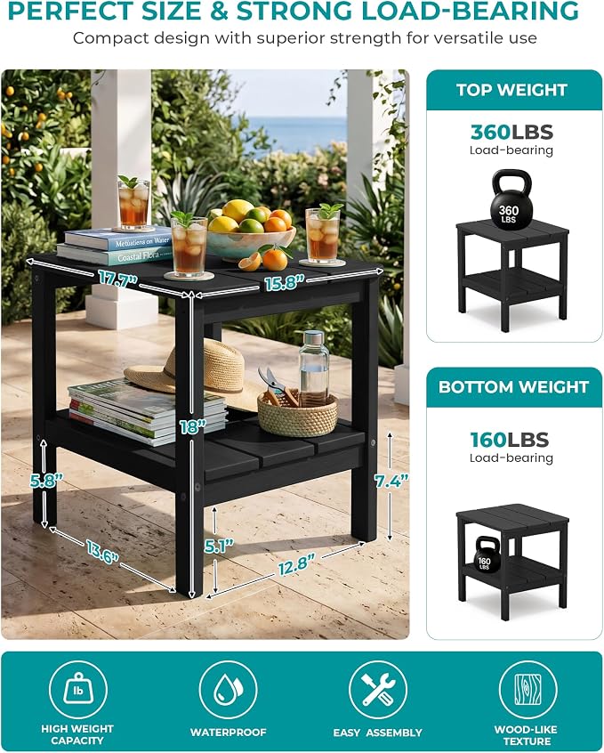 SERWALL 2-Tier HDPE Outdoor Side Table with Umbrella Hole, Weatherproof Rectangular Adirondack Side Table, Black
