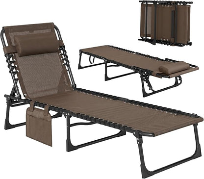 Outsunny Folding Chaise Lounge Chair Outdoor, Sun Tanning Chair with Side Pocket, Carrying Strap, Portable Patio Beach Lounger with 5-Position Reclining Back, Headrest for Pool, Camping, Yard, Brown
