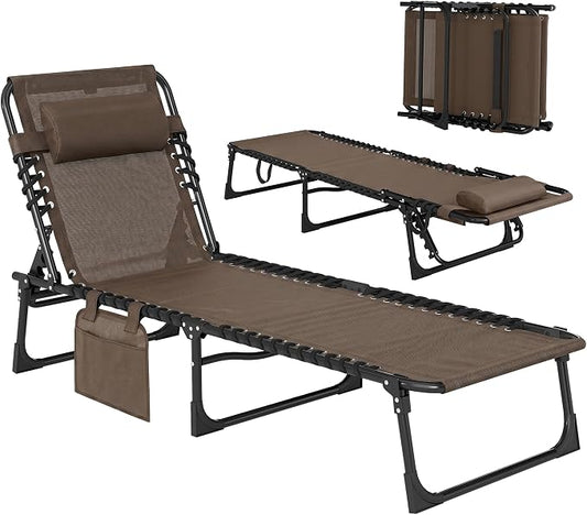 Outsunny Folding Chaise Lounge Chair Outdoor, Sun Tanning Chair with Side Pocket, Carrying Strap, Portable Patio Beach Lounger with 5-Position Reclining Back, Headrest for Pool, Camping, Yard, Brown