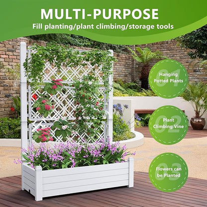 Vixzen 59" Tall Raised Garden Bed,Outdoor Large Resin Planter Box with Trellis and Drain Plug for Climbing Plants,Easy to Assemble,Water Monitor (Ashen, 43.43"×18.27"×59.29")