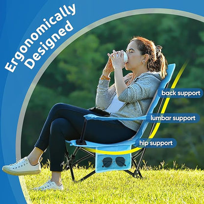 HaSteeL Folding Beach Chair Set of 2, Foldable Blue Camping Chairs for Outside, Low Beach Chair Portable for Adults Fishing, Picnic, Outdoor BBQ, Travel, Sports, Cup Holder & Storage Bag