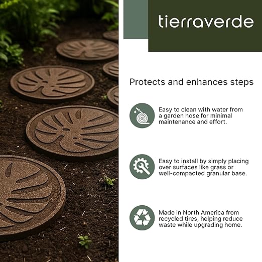 TierraVerde 4-Pack 18”x18” Fake Tropical Leaf Rubber Stepping Stones, Round, Brown – Reversible Non-Slip Outdoor Faux Decorative Set for Landscaping – DIY Decor for Walkways & Yard Pathways