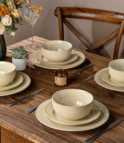 TheTerra Ceramic Dinnerware Set for 6, 18-Piece Plates and Bowls Set | Lightweight Porcelain Dish Set, Scratch Resistant, Oven & Microwave & Dishwasher Safe, Cream Latte
