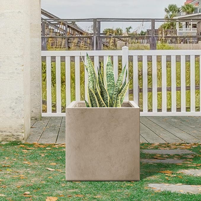 Kante 10 Inch Square Concrete Planter for Outdoor Indoor Home Patio Garden, Large Plant Pot with Drainage Hole and Rubber Plug, Weathered Concrete