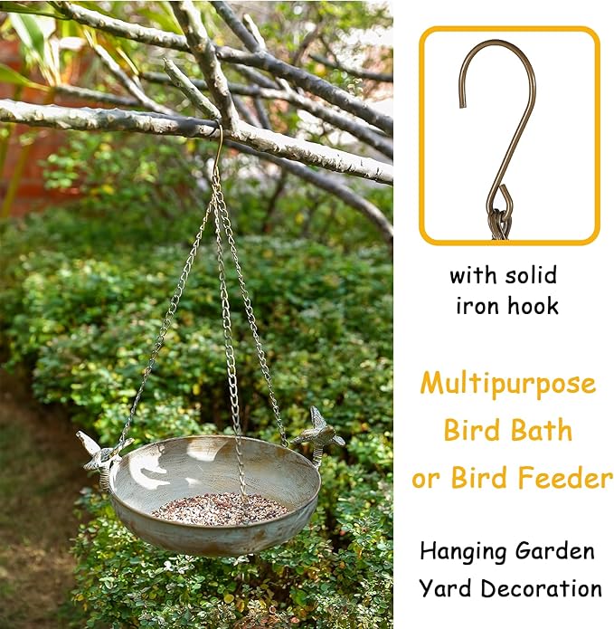 Hanging Bird Bath Feeder for Outdoor, 23" H Metal Birdbath with Cast Iron Bird Decor, Vintage Tray for Garden Yard Patio, Green